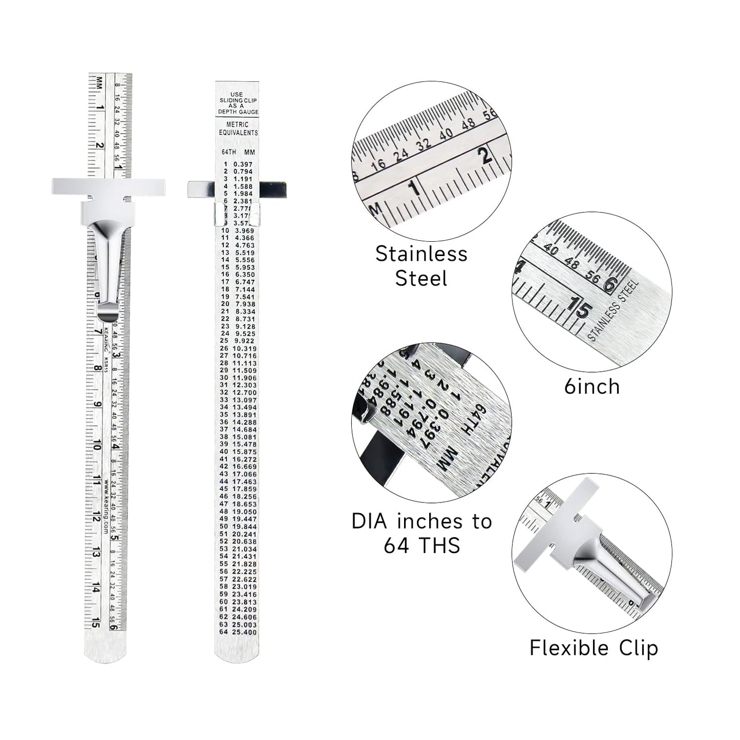 Pocket Ruler Stainless Steel & Detachable Clips, Double Side, Imperial & Metric