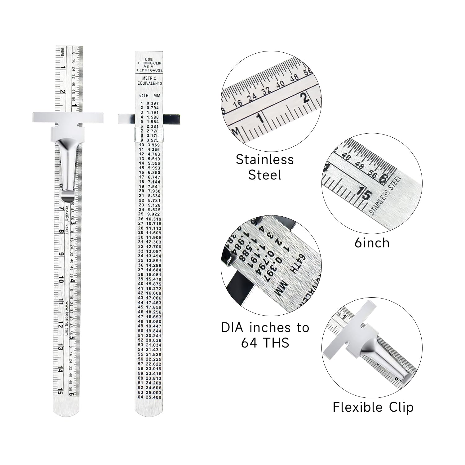 Pocket Ruler Stainless Steel & Detachable Clips, Double Side, Imperial & Metric