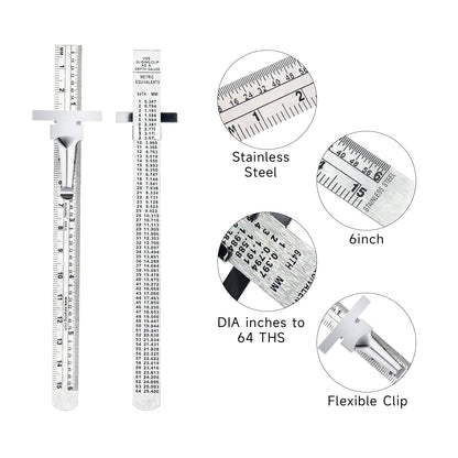 Pocket Ruler Stainless Steel & Detachable Clips, Double Side, Imperial & Metric
