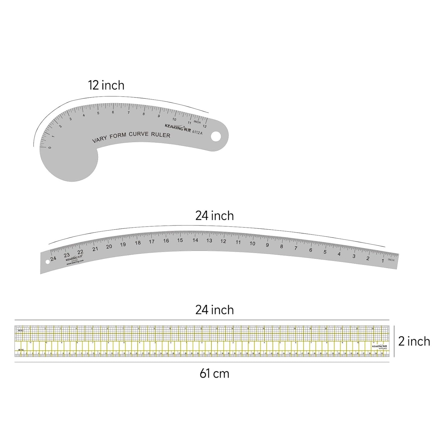 2 Curve Rulers, L-Square and Quilting Ruler 4 Piece Set for Pattern Making