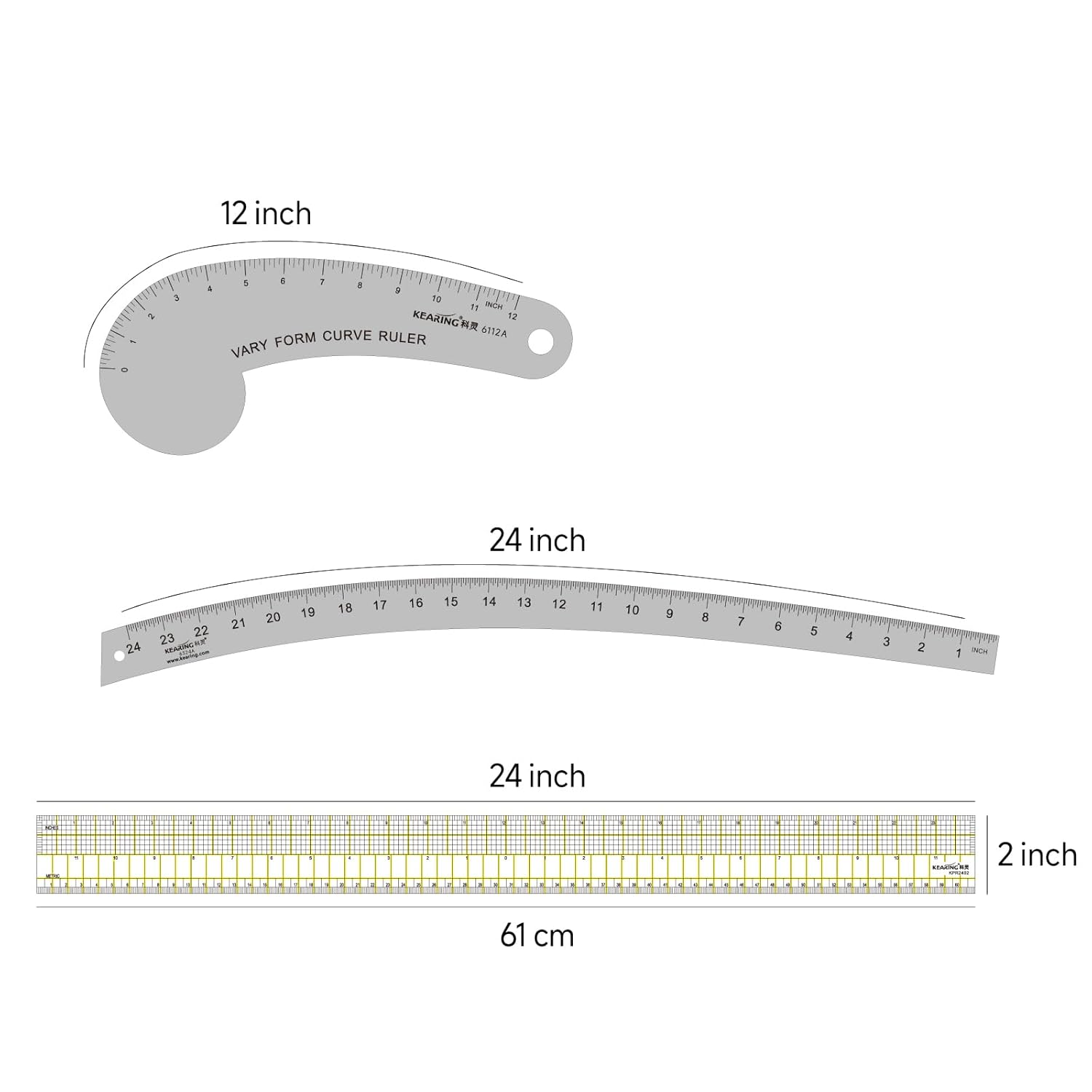 2 Curve Rulers, L-Square and Quilting Ruler 4 Piece Set for Pattern Making